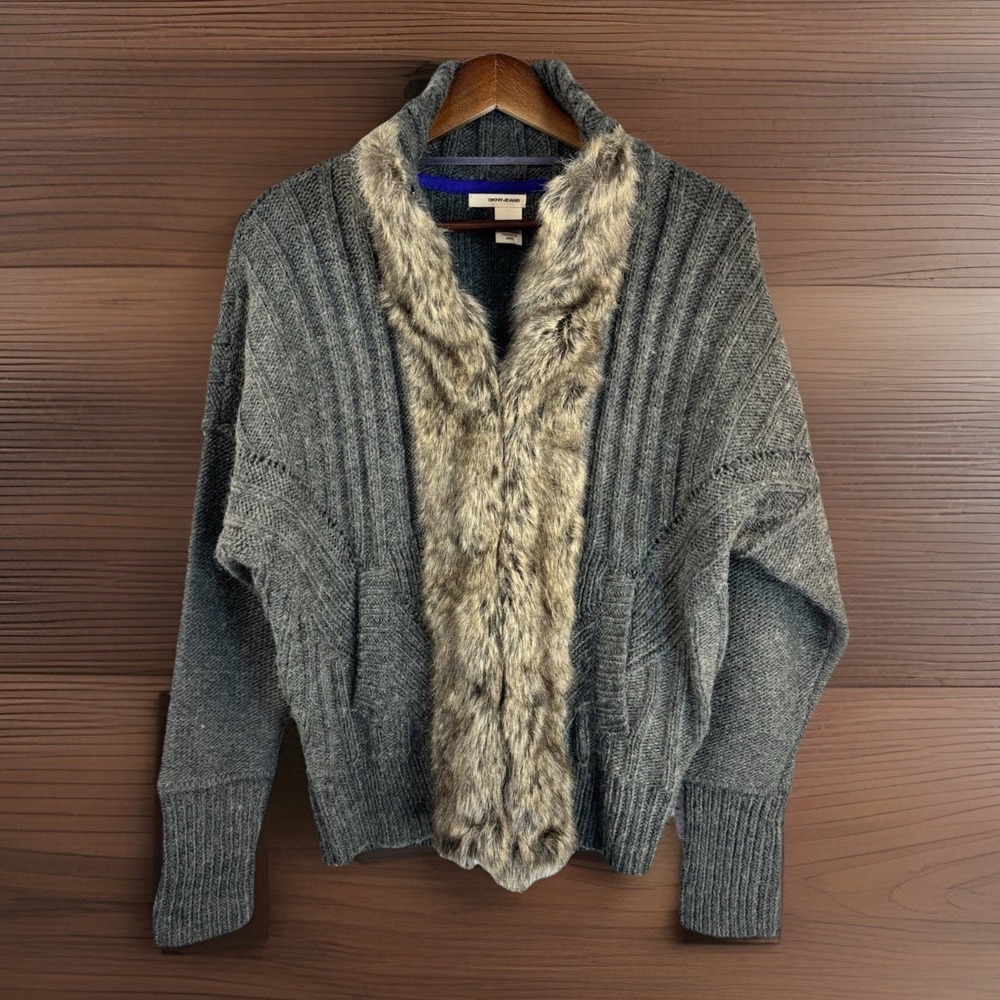 Vintage Y2K Wool Blend Cardigan M Faux Fur Trim Gray Sweater Dolman Sleeve Boho